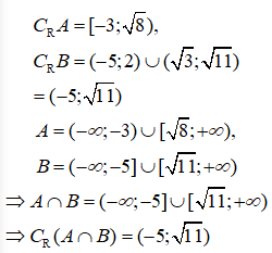 Cho tập hợp CRA=[−3; căn 8), CRB=(−5; 2) hợp (căn 3; căn 11) (ảnh 1)