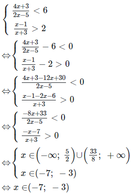Hệ bất phương trình 4x+3/2x-5<6 và x-1/x+3>2 có nghiệm là (ảnh 1)