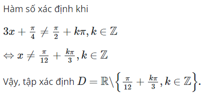 Tập xác định của hàm số y = tan(3x + pi/4) là (ảnh 1)