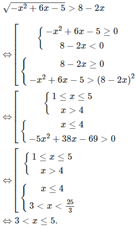 Bất phương trình: căn (-x^2+6x-5)>8-2x có nghiệm là (ảnh 1)