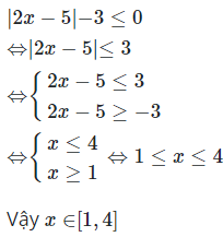 Với x thuộc tập hợp nào dưới đây thì nhị thức bậc nhất f(x)=|2x−5|−3 không dương (ảnh 1)