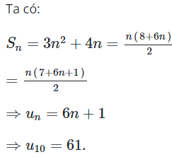 Cho cấp số cộng có tổng n số hạng đầu là Sn=3n^2+4n, n thuộc N*. Giá trị của số hạng (ảnh 1)
