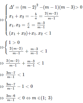 Với giá trị nào của m thì phương trình (m-1)x^2-2(m−2)x+m−3=0 có hai nghiệm (ảnh 1)