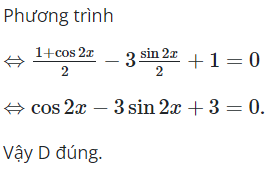 Cho phương trình  cos^2 x − 3sinxcosx + 1 = 0. Mệnh đề nào sau đây là sai (ảnh 1)