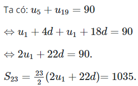 Cho cấp số nhân (un) có u5+u19=90. Tính tổng của 23 số hạng (ảnh 1)