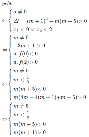 Cho phương trình mx^2−2(m+1)x+m+5=0. Với giá trị nào của m thì (1) (ảnh 1)