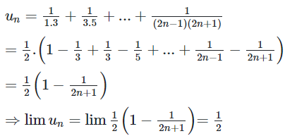 Cho dãy số (un) với un=1/1.3+1/3.5+...1/(2n-1)(2n+1)+1 (ảnh 1)