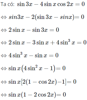 Giải phương trình sin3x - 4sinxcos2x = 0 (ảnh 1)