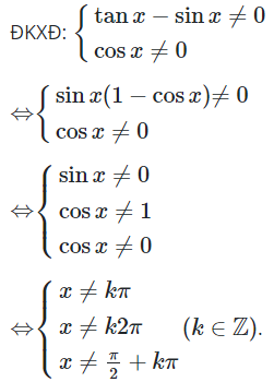 Tập xác định của hàm số  y = (sin2x + cosx)/(tan x − sin x) là (ảnh 1)