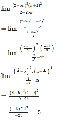 Giới hạn lim (2-5n)^3(n+1)^2/(2-25n^5) bằng (ảnh 1)