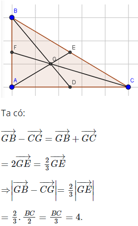 Gọi G là trọng tâm tam giác vuông ABC với cạnh huyền BC=12. Vectơ (ảnh 1)