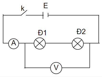 Vẽ sơ đồ mạch điện gồm: 1 nguồn điện, 1 công tắc đóng, 2 bóng đèn mắc nối tiếp, 1 ampe kế, 1 vôn kế đo hiệu điện thế (ảnh 1)