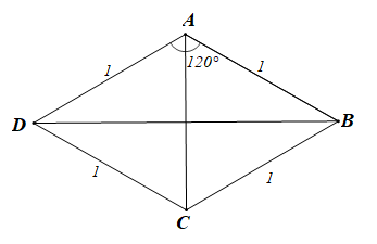 1. Tính độ dài hai đường chéo của hình thoi có góc ABC = 120 độ