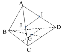 Cho tứ diện ABCD. I và J theo thứ tự là trung điểm của AD và AC, G là trọng tâm (ảnh 1)