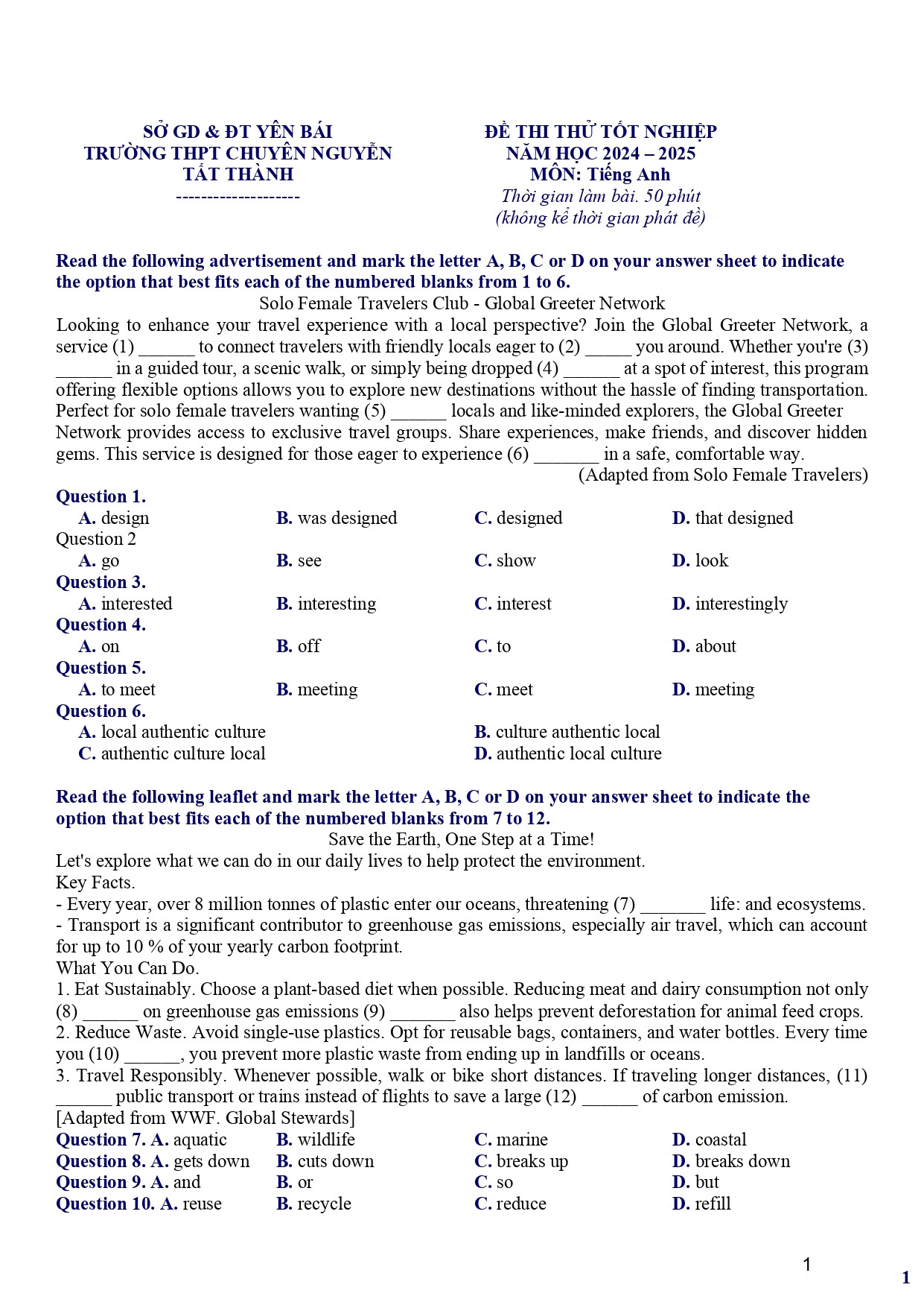 Đề thi thử THPT Quốc gia 2025 môn Tiếng Anh Trường THPT Chuyên Nguyễn Tất Thành (tỉnh Yên Bái) có đáp án (ảnh 1)