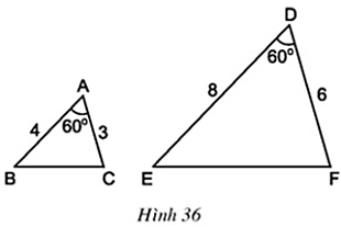Cho hai tam giác ABC và DEF có kích thước như trong hình 36 (ảnh 1)