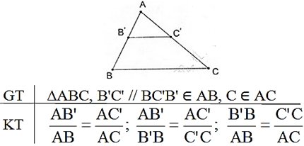 Phát biểu, vẽ hình, ghi giả thiết và kết luận của định lí Ta - let trong tam giác (ảnh 1)