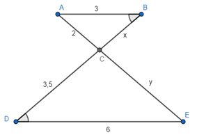 Tính độ dài x, y của các đoạn thẳng trong hình 45 (ảnh 1)