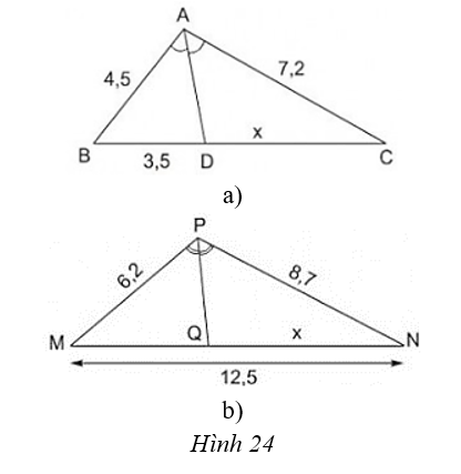 Tính x trong hình 24 và làm tròn kết quả đến chữ số thập phân thứ nhất (ảnh 1)
