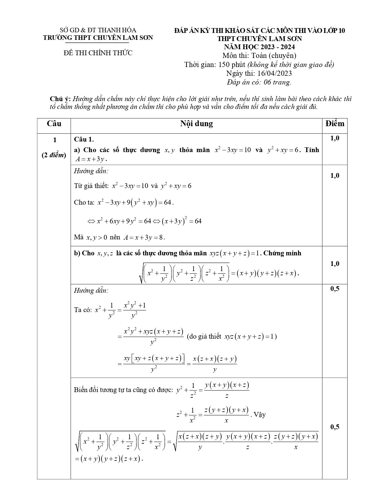 Đề khảo sát vào 10 chuyên Toán năm 2023 Trường THPT Chuyên Lam Sơn - Thanh Hoá có đáp án (ảnh 1)