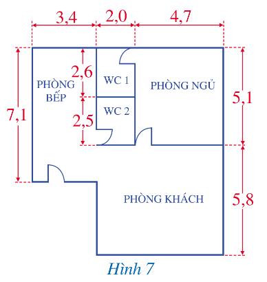 Tính diện tích mặt bằng của ngôi nhà trong hình vẽ bên (ảnh 1)