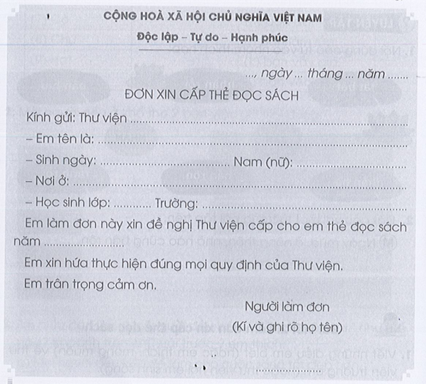 Làm đơn xin cấp thẻ đọc sách trang 47, 48 Vở bài tập Tiếng Việt lớp 3 Tập 1 - Cánh diều (ảnh 1)