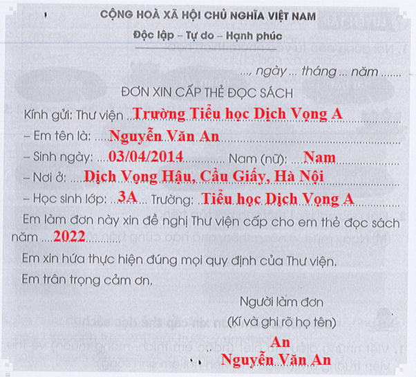 Làm đơn xin cấp thẻ đọc sách trang 47, 48 Vở bài tập Tiếng Việt lớp 3 Tập 1 - Cánh diều (ảnh 1)