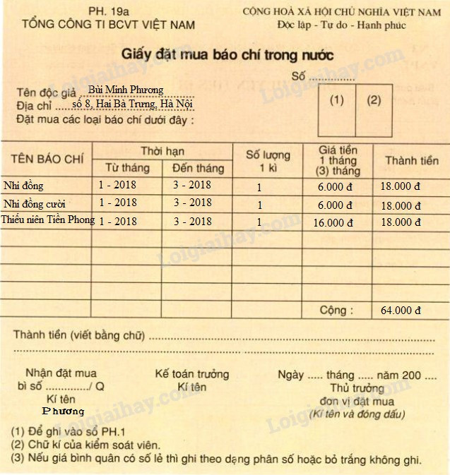 Vở bài tập Tiếng Việt lớp 4 trang 161, 162 Tập làm văn - Điền vào giấy tờ in sẵn (ảnh 1)