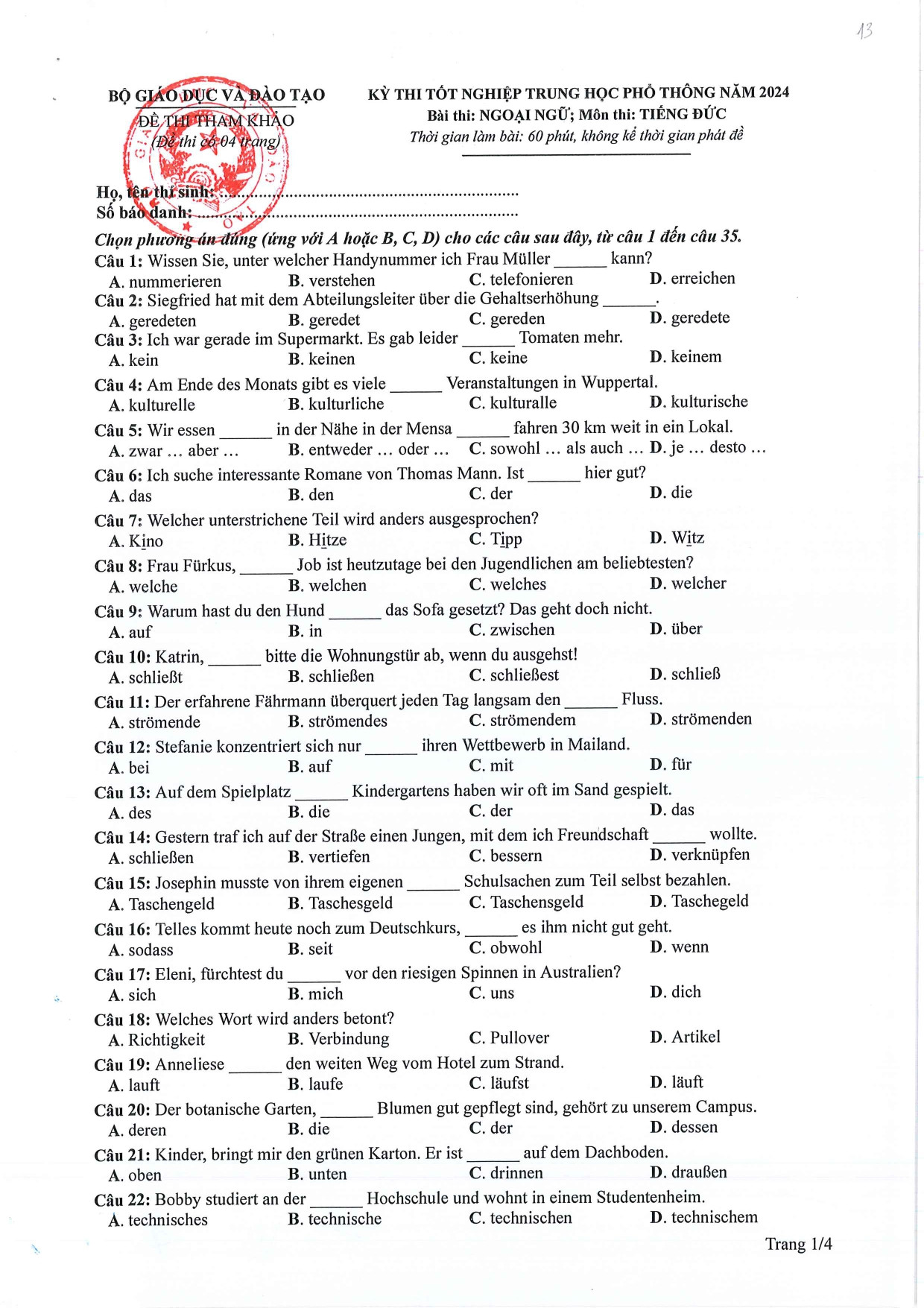 Đề tham khảo tốt nghiệp THPT môn Tiếng Đức năm 2024 (có đáp án chi tiết) (ảnh 1)