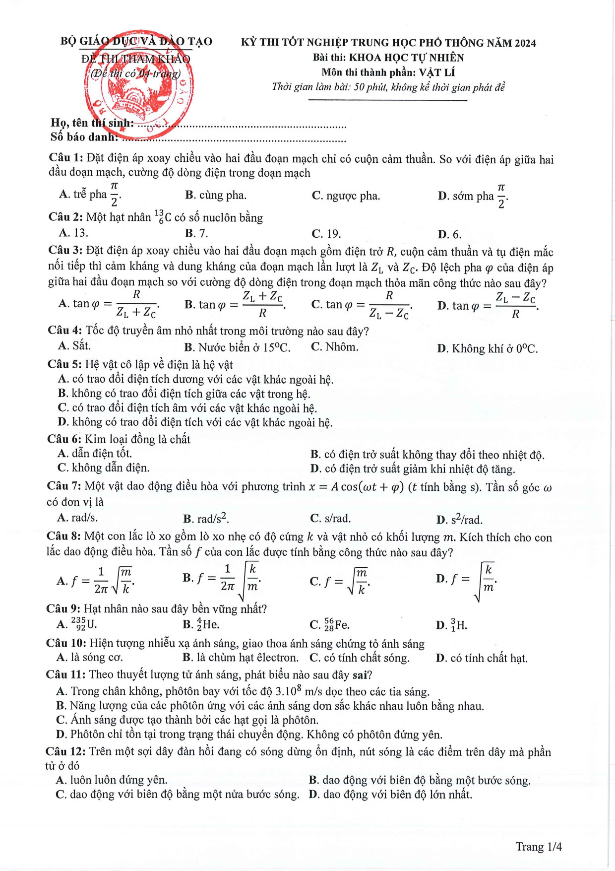 Đề tham khảo tốt nghiệp THPT môn Vật lí năm 2024 (có đáp án chi tiết) (ảnh 1)