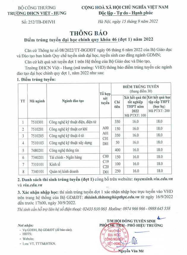 Điểm chuẩn Đại học Công nghiệp Việt Hung năm 2022 (ảnh 1)