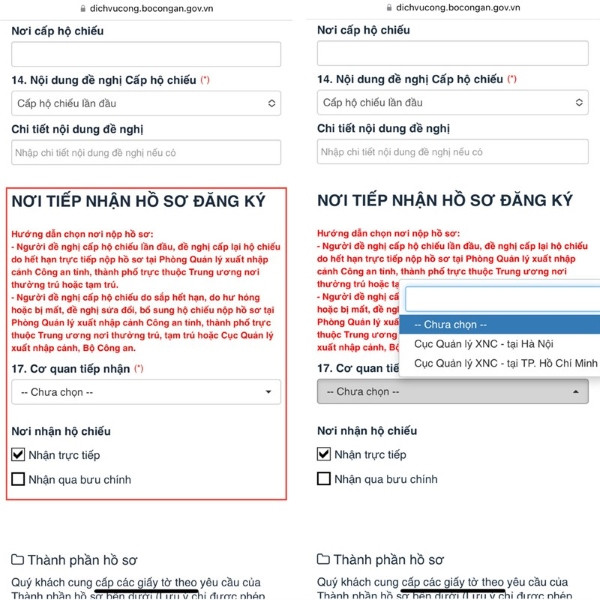 Lựa chọn Nơi tiếp nhận hồ sơ đăng ký và nơi bạn nhận lại hộ chiếu