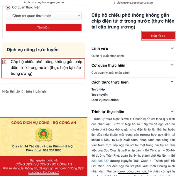 Chọn vào mục cấp Hộ chiếu online cấp tỉnh hoặc Trung ương, sau đó chọn mục Nộp hồ sơ