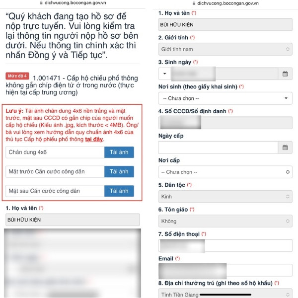 Điền đầy đủ thông tin hồ sơ hộ chiếu gắn chip điện tử online