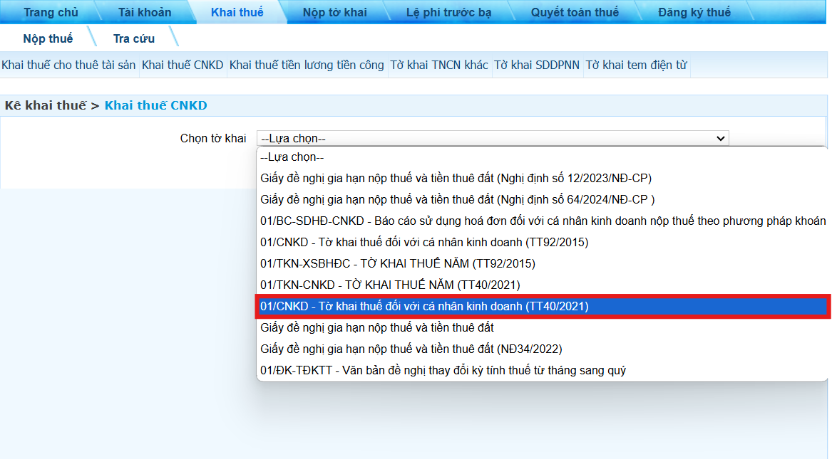 Chọn loại tờ khai => Mẫu 01/CNKD – Tờ khai thuế đối với cá nhân kinh doanh
