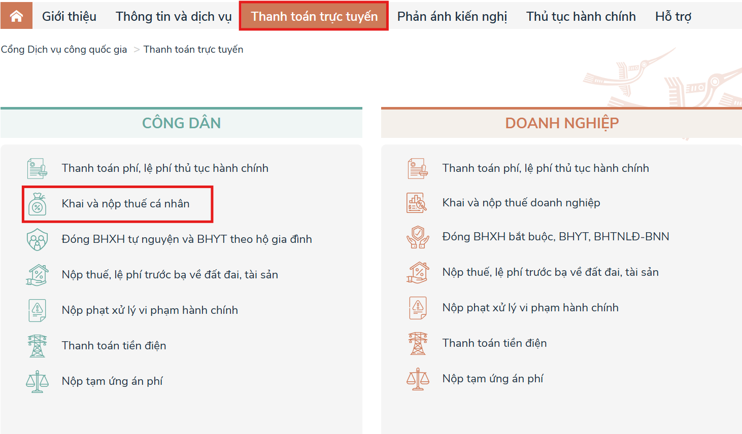 chọn Thanh toán trực tuyến/ Khai và nộp thuế cá nhân