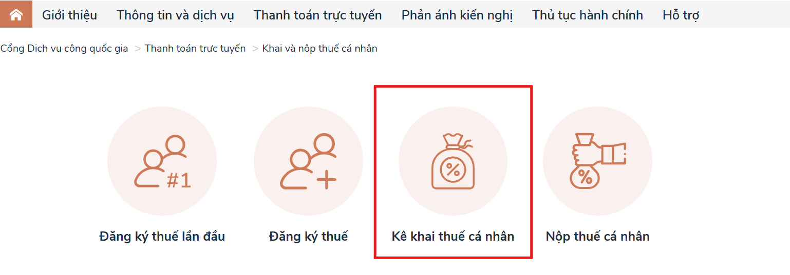 Chọn Kê khai thuế cá nhân