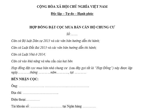 Hợp đồng đặt cọc mua bán nhà chung cư