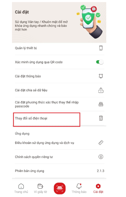 Tiếp tục chọn vào mục “Thay đổi số điện thoại” 