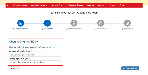 Chọn cơ quan giải quyết hồ sơ