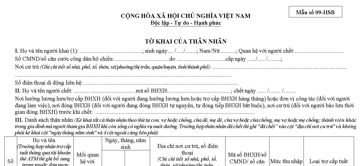 Mẫu 09-HSB Tờ khai thân nhân