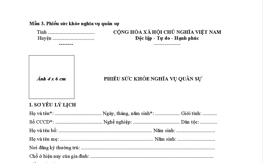 Phiếu sức khỏe nghĩa vụ quân sự 2025