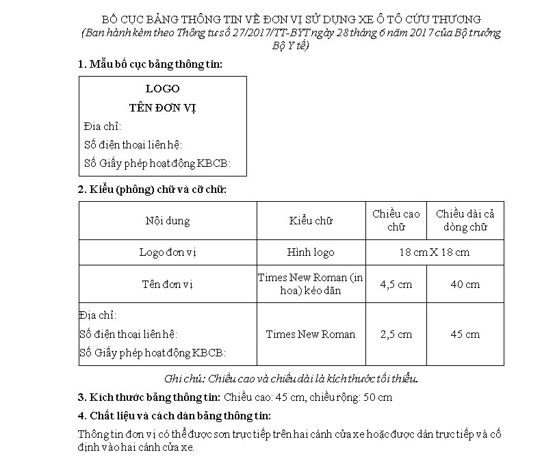 Bố cục bảng thông tin về đơn vị sử dụng xe cứu thương theo Thông tư 27/2017/TT-BYT