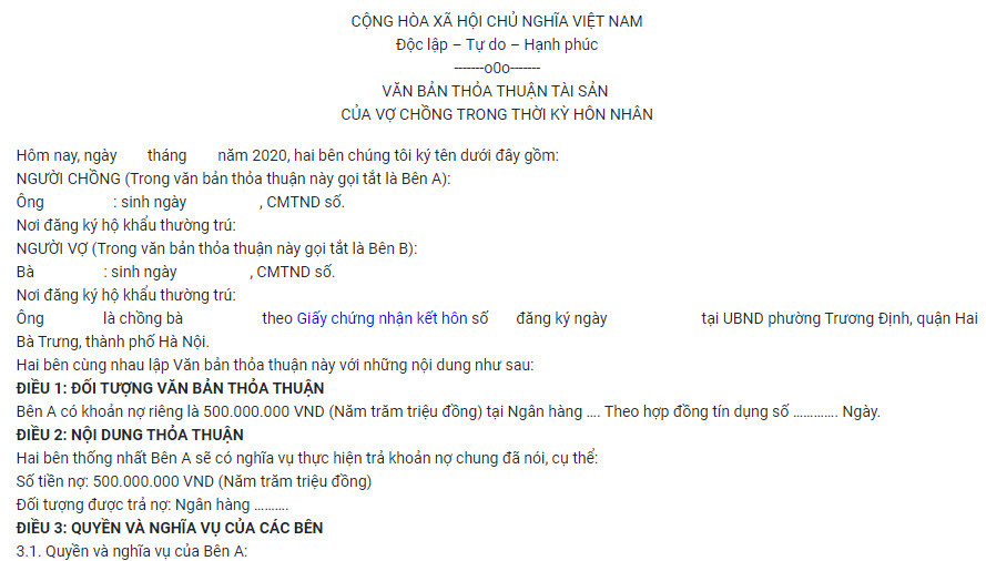 Văn bản cam kết t&agrave;i sản ri&ecirc;ng