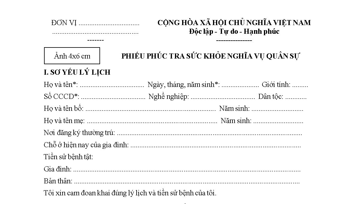 Phiếu phúc tra sức khỏe nghĩa vụ quân sự 2025