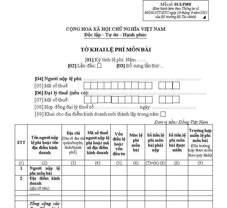 Mẫu 01/LPMB Tờ khai lệ phí môn bài 