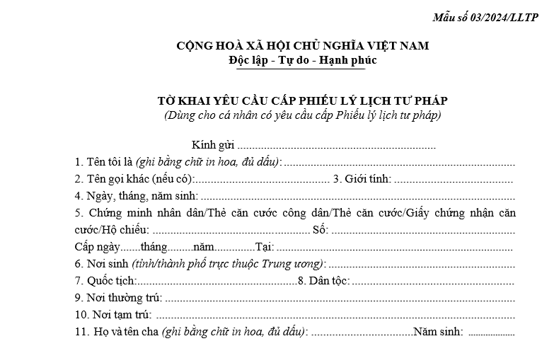 Tờ khai lý lịch tư pháp