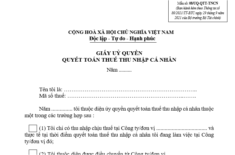 Mẫu giấy ủy quyền nhận tiền ho&agrave;n thuế