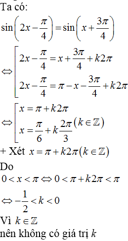 Cho phương trình sin(2x-pi/4)=sin(x+3pi/4) Tính tổng các nghiệm thuộc khoảng (0;pi) (ảnh 1)