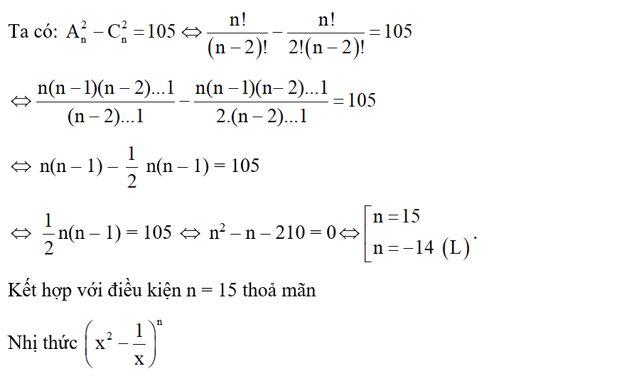 Tìm số hạng không chứa x trong khai triển (x^2-1/x)^n biết 2An-2Cn=105 (ảnh 1)